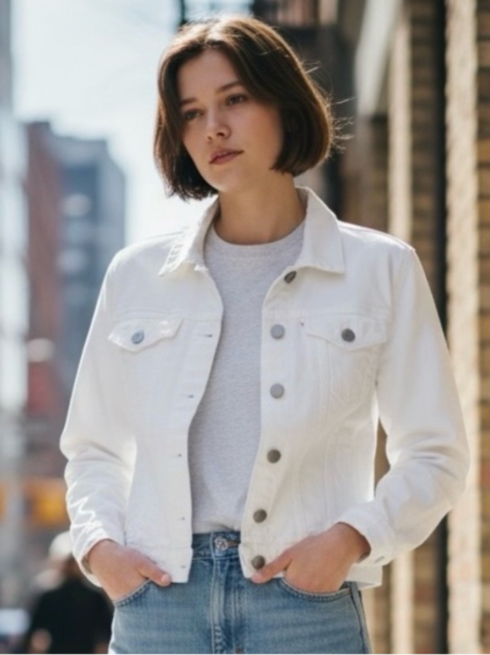 GAP White Denim Jacket Small Classic Trucker Button Front Jean